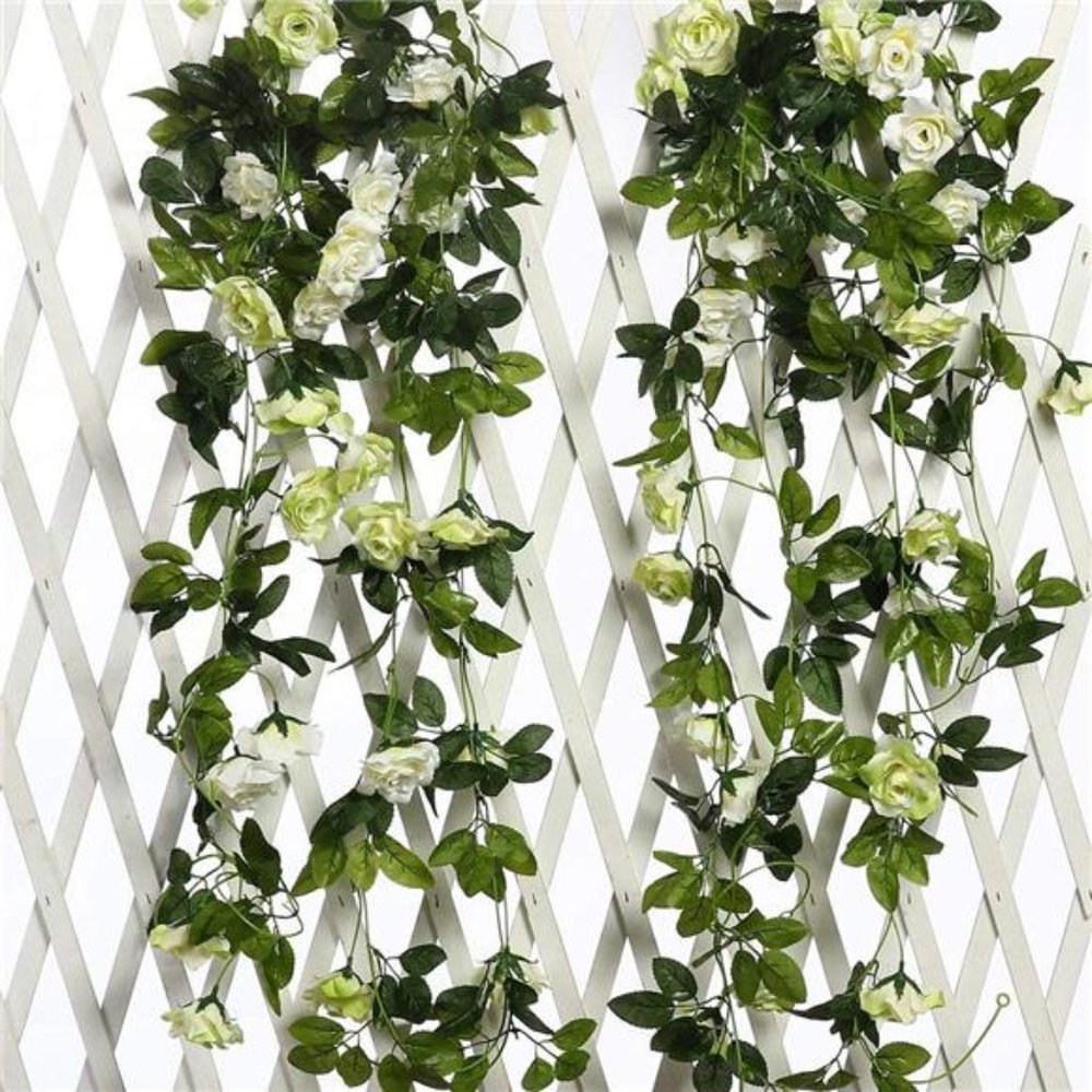 Artificial RoseVines Flower Garland Hanging Silk RoseVine Wedding,OffWhite+Green